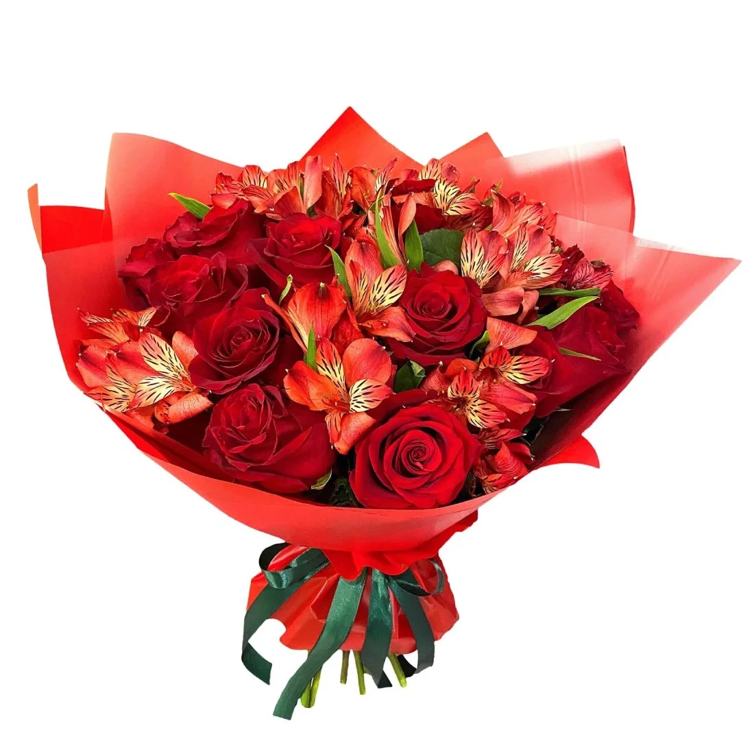 Букет из красных роз и альстромерий